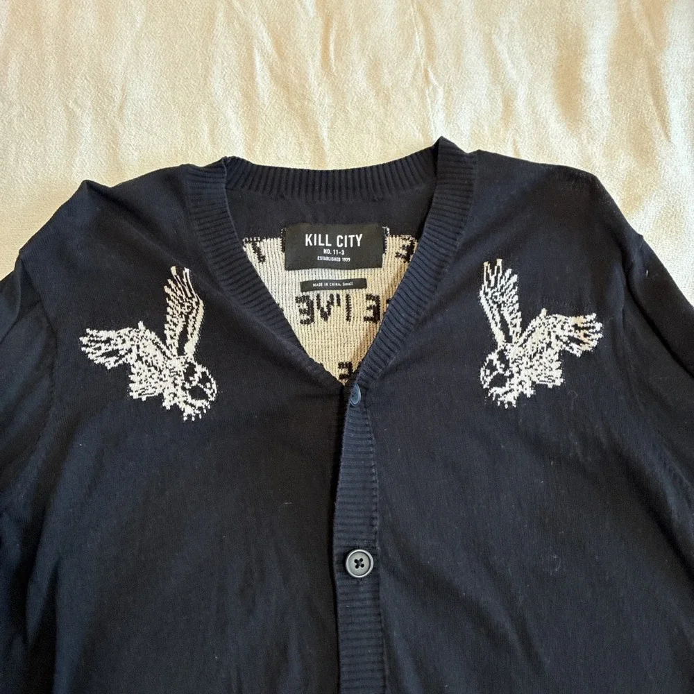 Kill City Women's Cardigan Small Black V-neck Button-up Dark Academia Graphic Lg - Picture 2 of 14